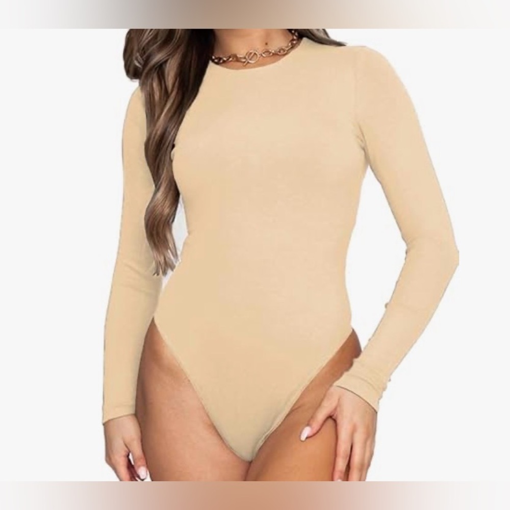 Allchic Women’s Long Sleeve Crew Neck Bodysuit, Nude, Size S